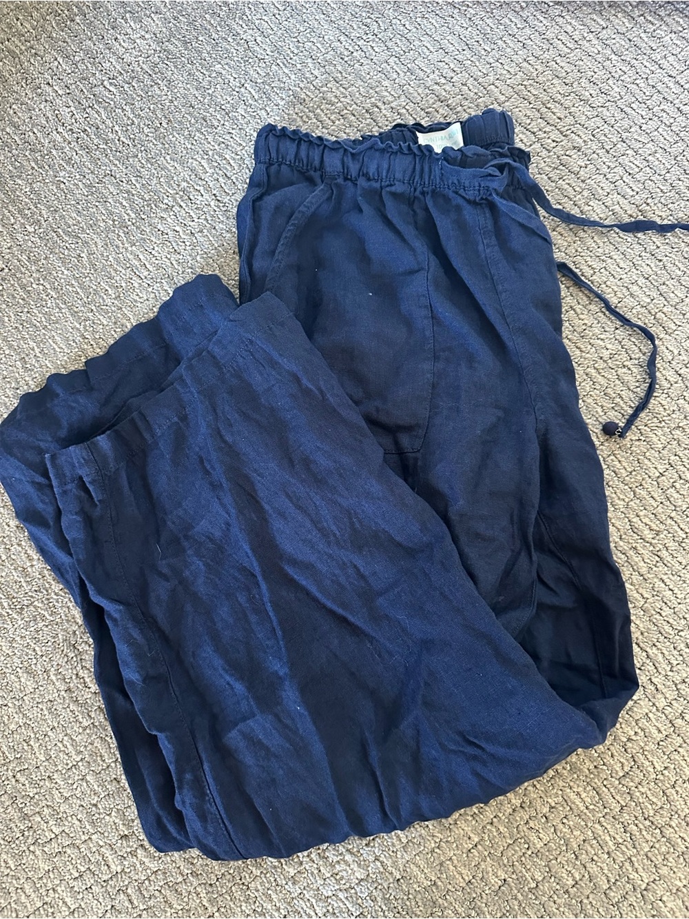 Cynthia Rowley Women's Navy Drawstring 100% Linen Wide Leg Pants
